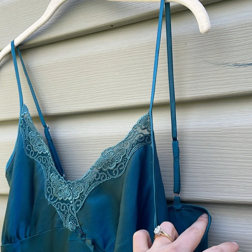Teal Silky Lace Trim Slip Nightgown